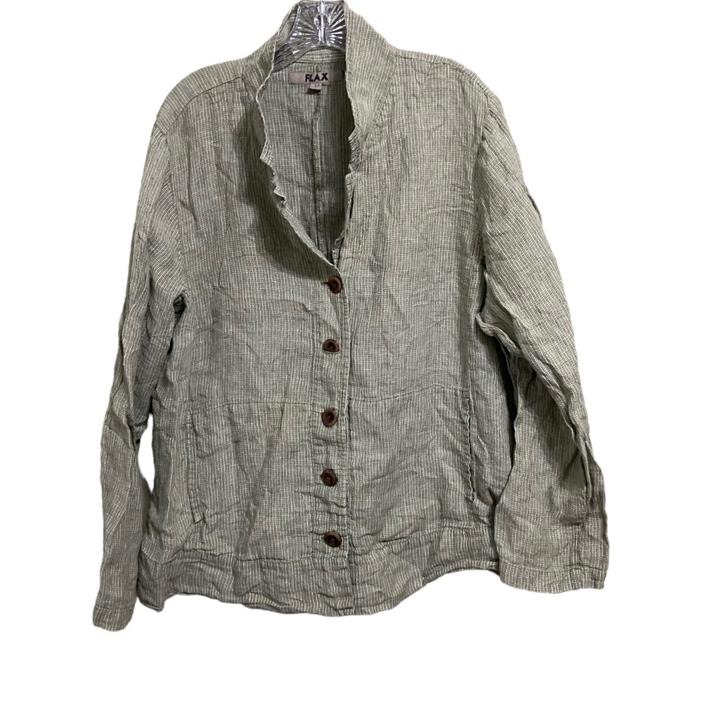 Flax Sz Lg Checked Green Linen Button Up Blouse Top